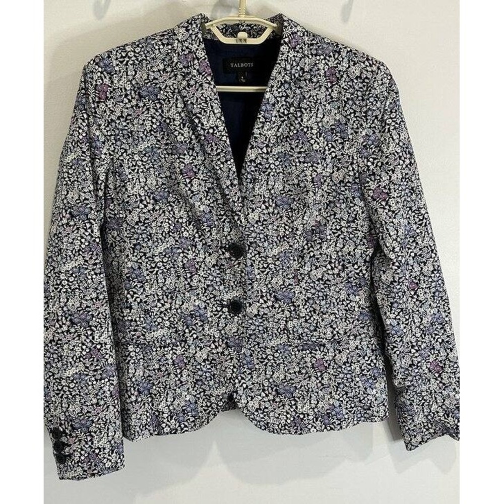 Talbots Blue Purple Floral Print Blazer Jacket 2 Button 100% Cotton Size 8